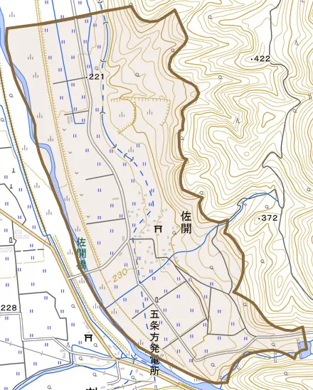 佐開とその周辺の地図。町の範囲を重ねている