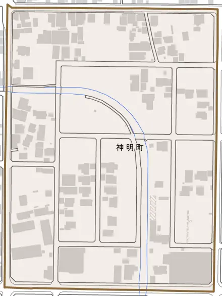 神明町とその周辺の地図。町の範囲を重ねている