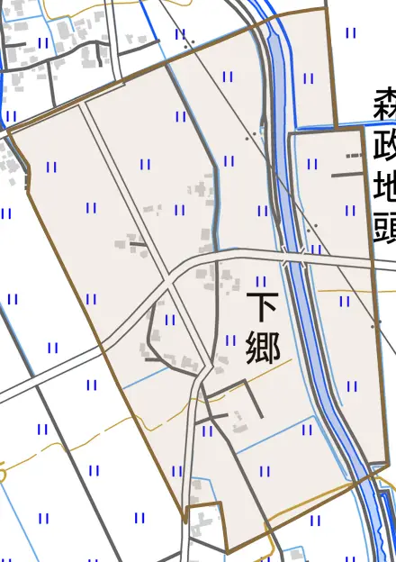 下郷とその周辺の地図。町の範囲を重ねている