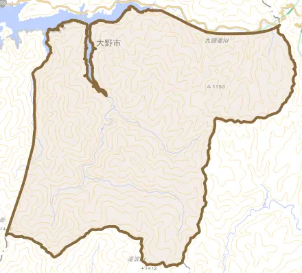 下半原とその周辺の地図。町の範囲を重ねている