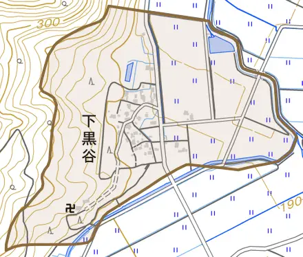 下黒谷とその周辺の地図。町の範囲を重ねている