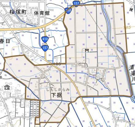 下据とその周辺の地図。町の範囲を重ねている