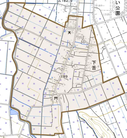 下舌とその周辺の地図。町の範囲を重ねている