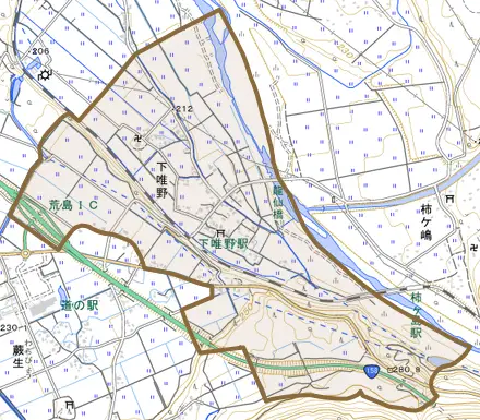 下唯野とその周辺の地図。町の範囲を重ねている
