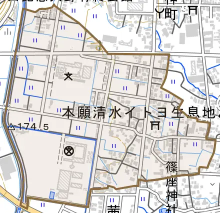 新庄とその周辺の地図。町の範囲を重ねている