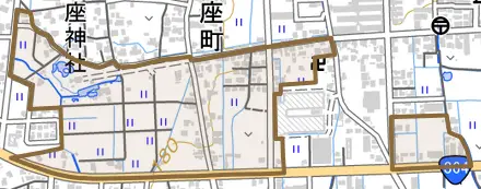 篠座とその周辺の地図。町の範囲を重ねている