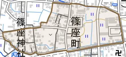 篠座町とその周辺の地図。町の範囲を重ねている