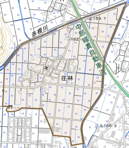 庄林とその周辺の地図。町の範囲を重ねている