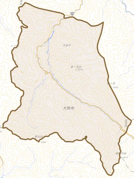 巣原とその周辺の地図。町の範囲を重ねている