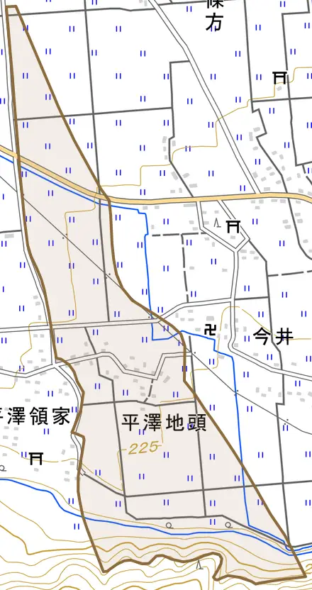 平沢地頭とその周辺の地図。町の範囲を重ねている