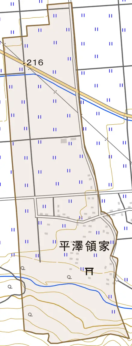 平沢領家とその周辺の地図。町の範囲を重ねている
