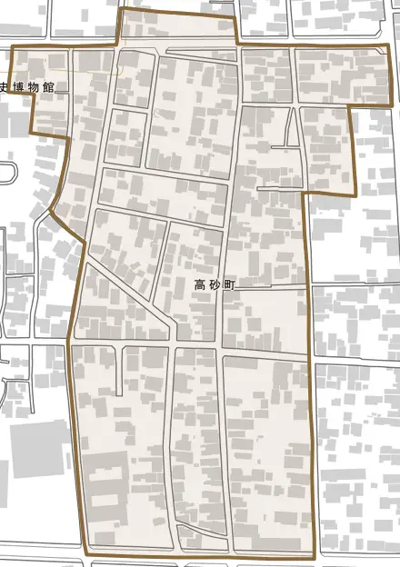 高砂町とその周辺の地図。町の範囲を重ねている