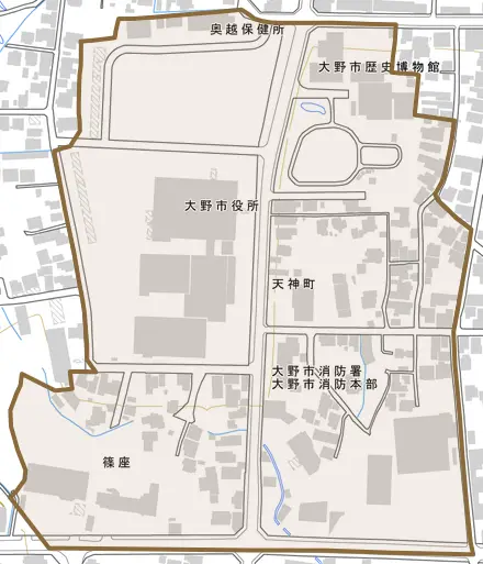 天神町とその周辺の地図。町の範囲を重ねている