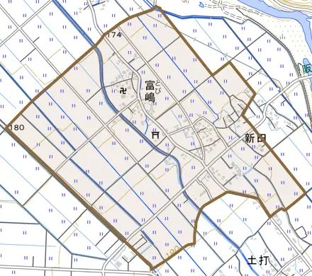 富嶋とその周辺の地図。町の範囲を重ねている