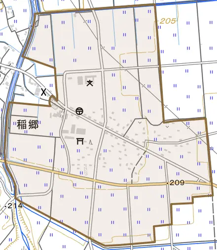 稲郷とその周辺の地図。町の範囲を重ねている