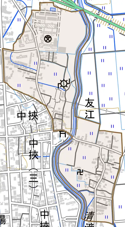 友江とその周辺の地図。町の範囲を重ねている
