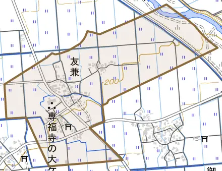 友兼とその周辺の地図。町の範囲を重ねている