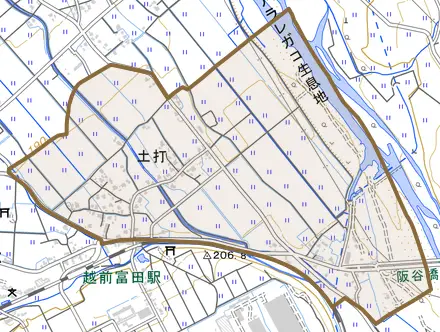 土打とその周辺の地図。町の範囲を重ねている