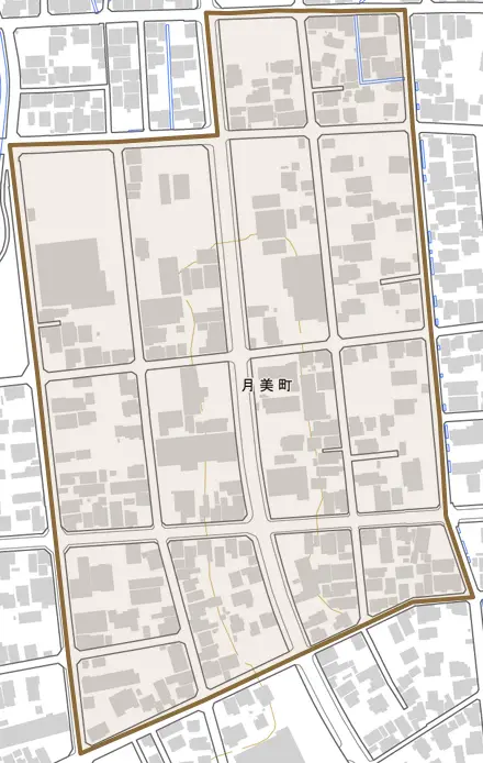 月美町とその周辺の地図。町の範囲を重ねている