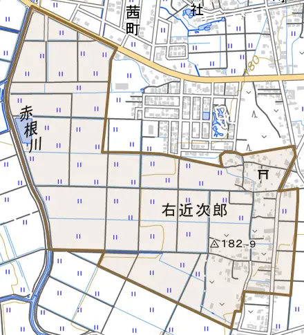 右近次郎とその周辺の地図。町の範囲を重ねている