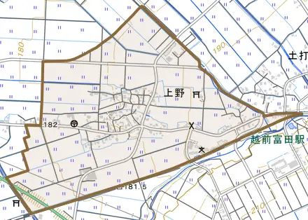上野とその周辺の地図。町の範囲を重ねている