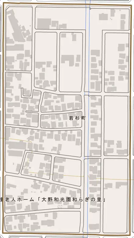 若杉町とその周辺の地図。町の範囲を重ねている