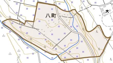 八町とその周辺の地図。町の範囲を重ねている