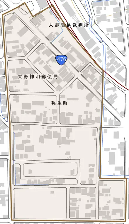 弥生町とその周辺の地図。町の範囲を重ねている