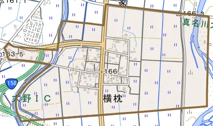 横枕とその周辺の地図。町の範囲を重ねている