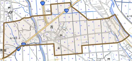 吉とその周辺の地図。町の範囲を重ねている