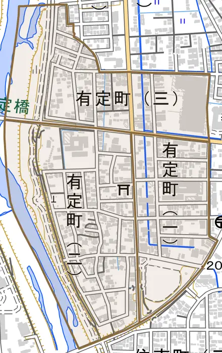 有定町とその周辺の地図。町の範囲を重ねている