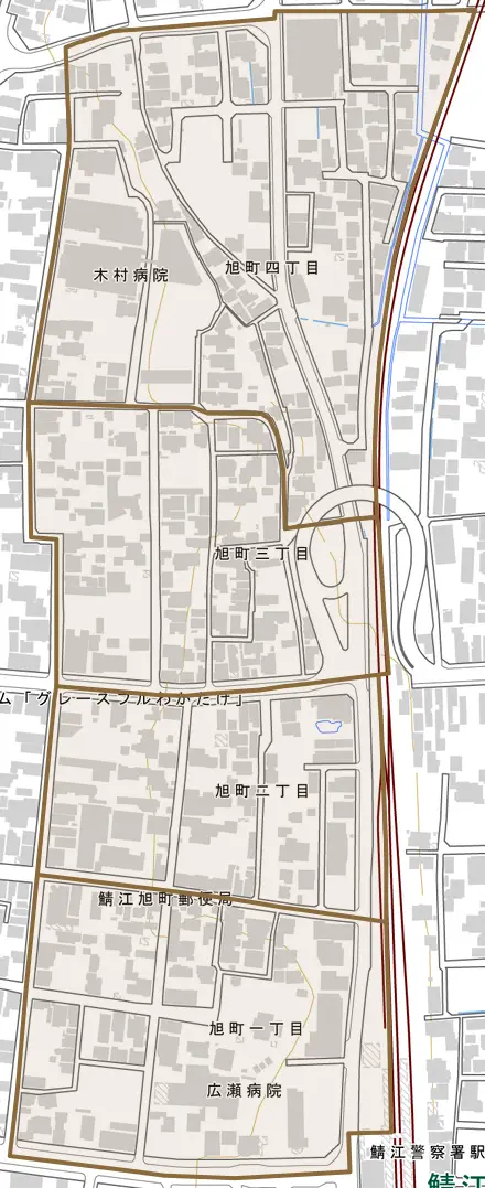 旭町とその周辺の地図。町の範囲を重ねている