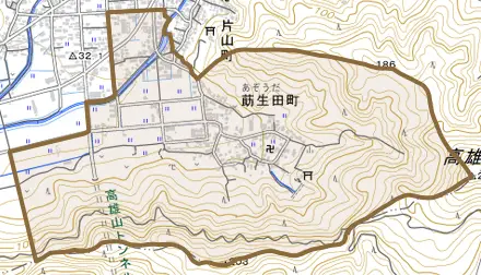 莇生田町とその周辺の地図。町の範囲を重ねている