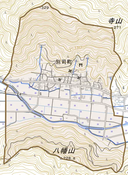 別司町とその周辺の地図。町の範囲を重ねている
