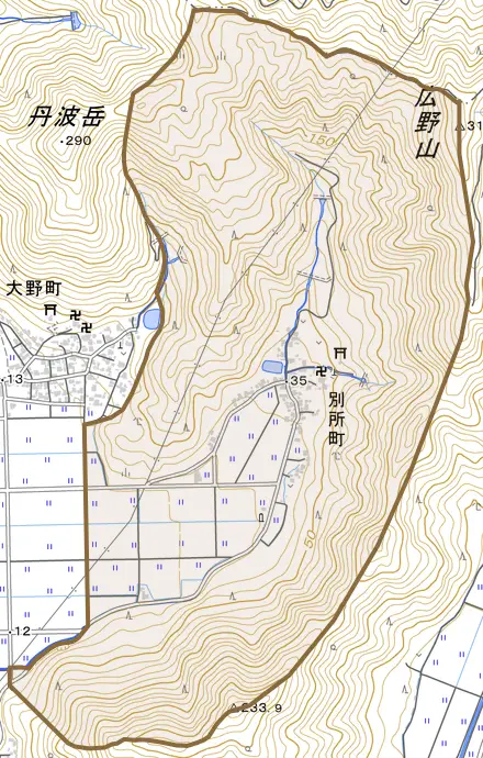 別所町とその周辺の地図。町の範囲を重ねている