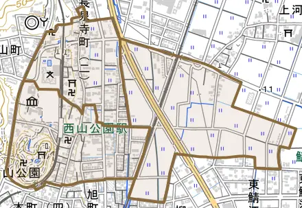 長泉寺町とその周辺の地図。町の範囲を重ねている