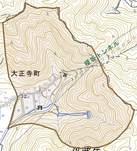 大正寺町とその周辺の地図。町の範囲を重ねている