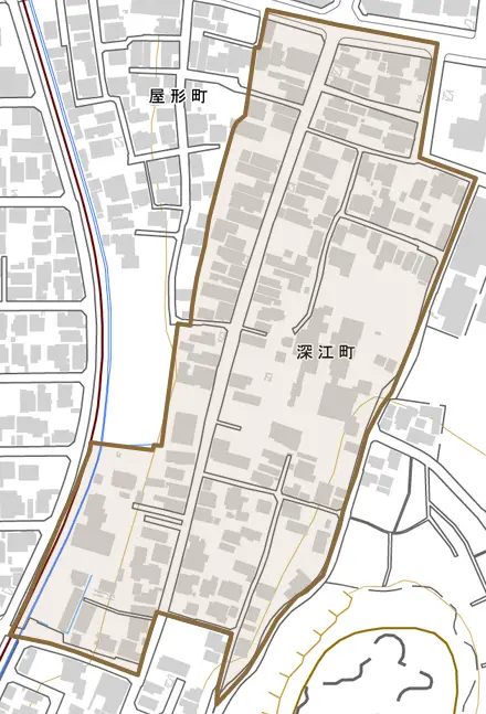 深江町とその周辺の地図。町の範囲を重ねている
