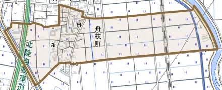 舟枝町とその周辺の地図。町の範囲を重ねている