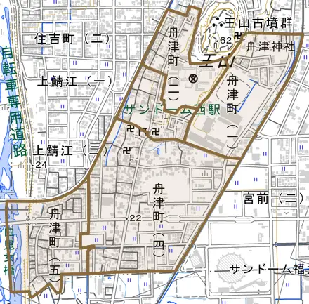 舟津町とその周辺の地図。町の範囲を重ねている