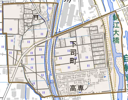 下司町とその周辺の地図。町の範囲を重ねている