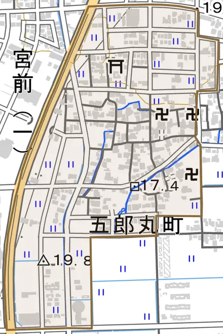 五郎丸町とその周辺の地図。町の範囲を重ねている