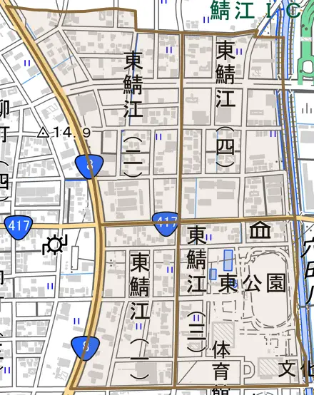 東鯖江とその周辺の地図。町の範囲を重ねている
