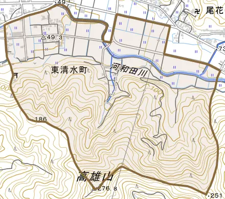 東清水町とその周辺の地図。町の範囲を重ねている