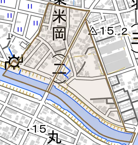 東米岡とその周辺の地図。町の範囲を重ねている