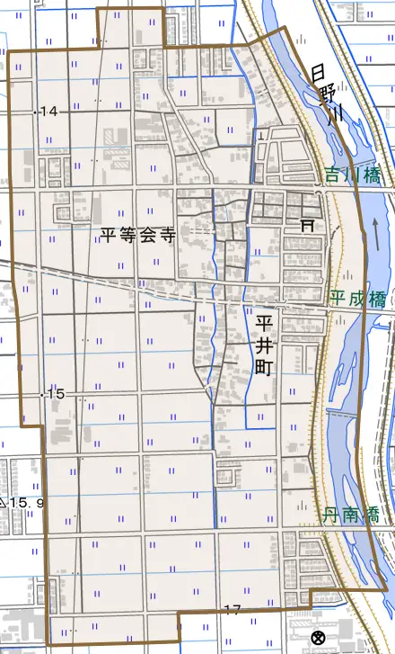 平井町とその周辺の地図。町の範囲を重ねている