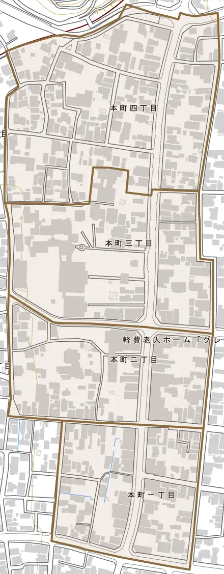 本町とその周辺の地図。町の範囲を重ねている