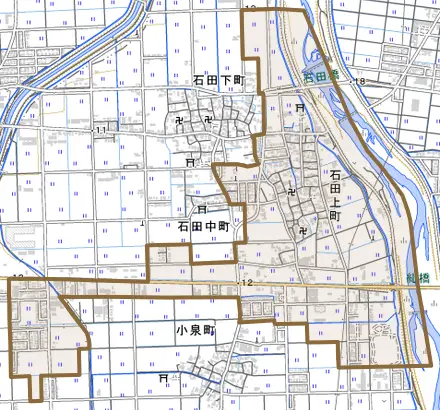 石田上町とその周辺の地図。町の範囲を重ねている