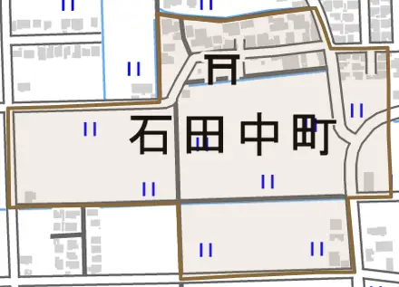 石田中町とその周辺の地図。町の範囲を重ねている