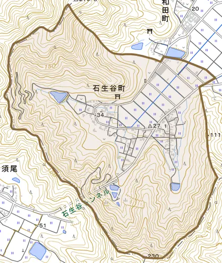 石生谷町とその周辺の地図。町の範囲を重ねている